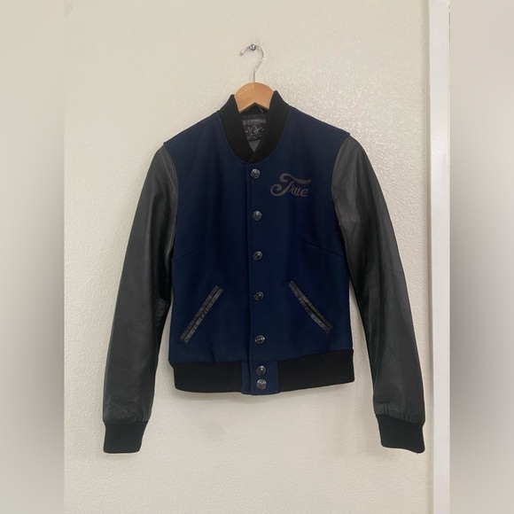 True Religion Richie Varsity Letterman Bomber Jacket Women's M | Black & Blue - Picture 4 of 16
